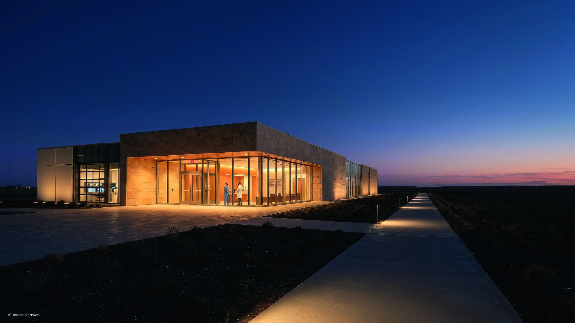 Modern medical facility with illuminated glass entrance and walkway at dusk